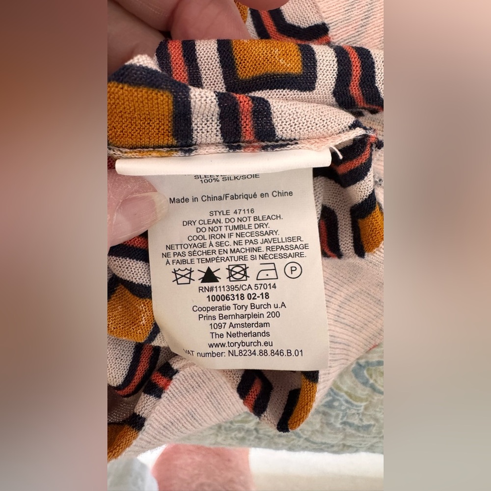 Tory Burch Wesley Cardigan Sweater Size Lrg Peach Geometric Print Silk Sleeves - Picture 13 of 16